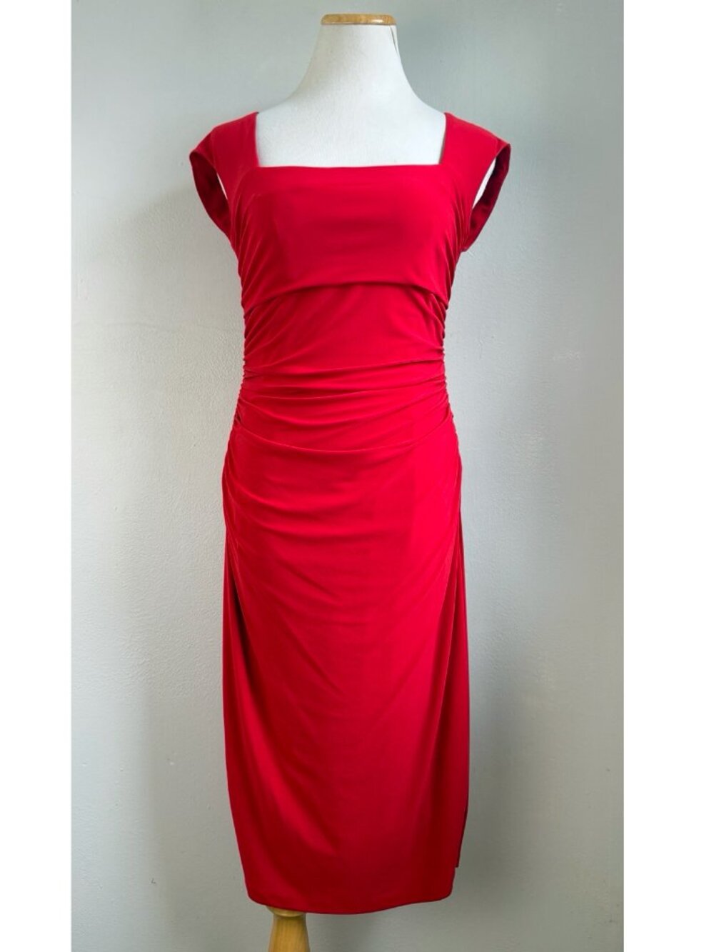 Lauren Ralph Lauren Dress Size 6 Red Stretch Knit Ruched Bodycon Square Neck